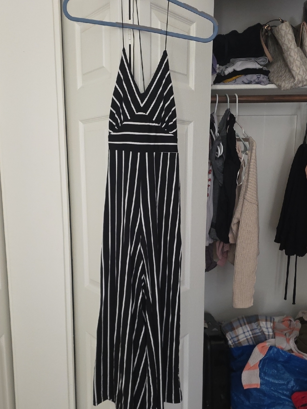 Polly & Esther Black and White Striped Halter Jumpsuit